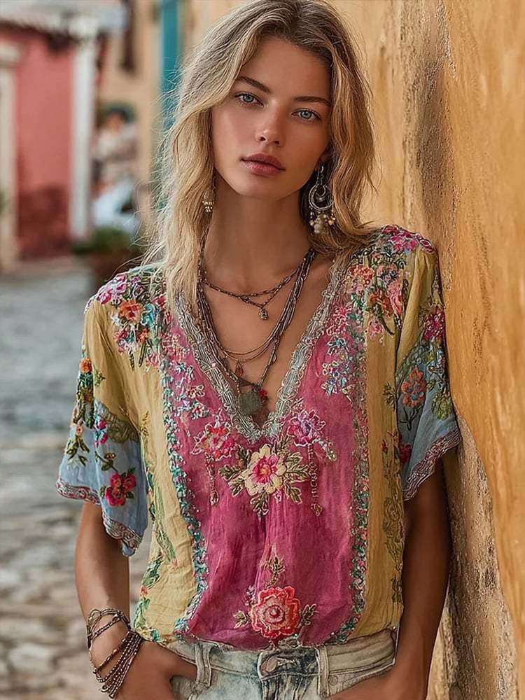 Women's Vintage Pink Floral Art V-Neck Linen Blend T-Shirt