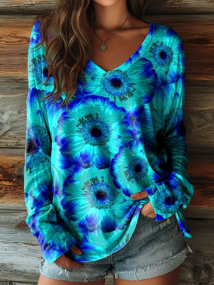 Women's Artistic Floral Gradient Print Casual V-neck Long-sleeve T-shirt