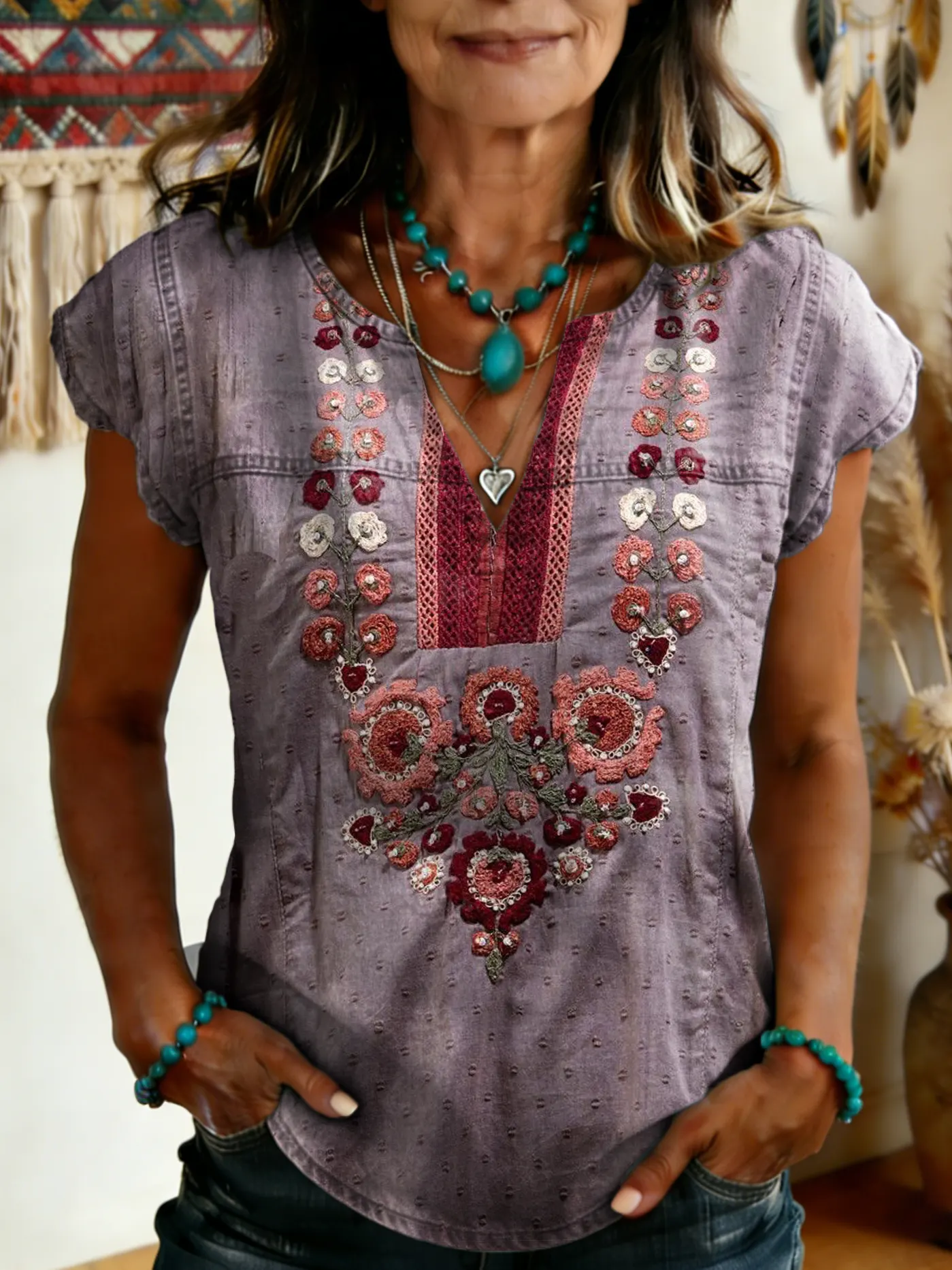 Women's Vintage Floral Print V-neck Short-sleeve T-shirt