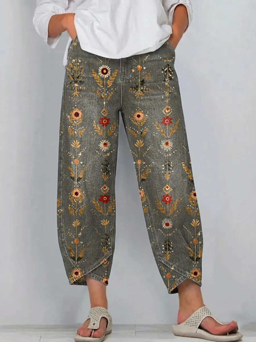 Women's Vintage Floral Art Print Jeans