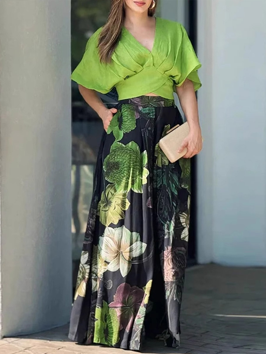 Women's Solid Color V-Neck Short Sleeve Casual Loose Tops High Waist Retro Print Casual Wide Leg Pants Set