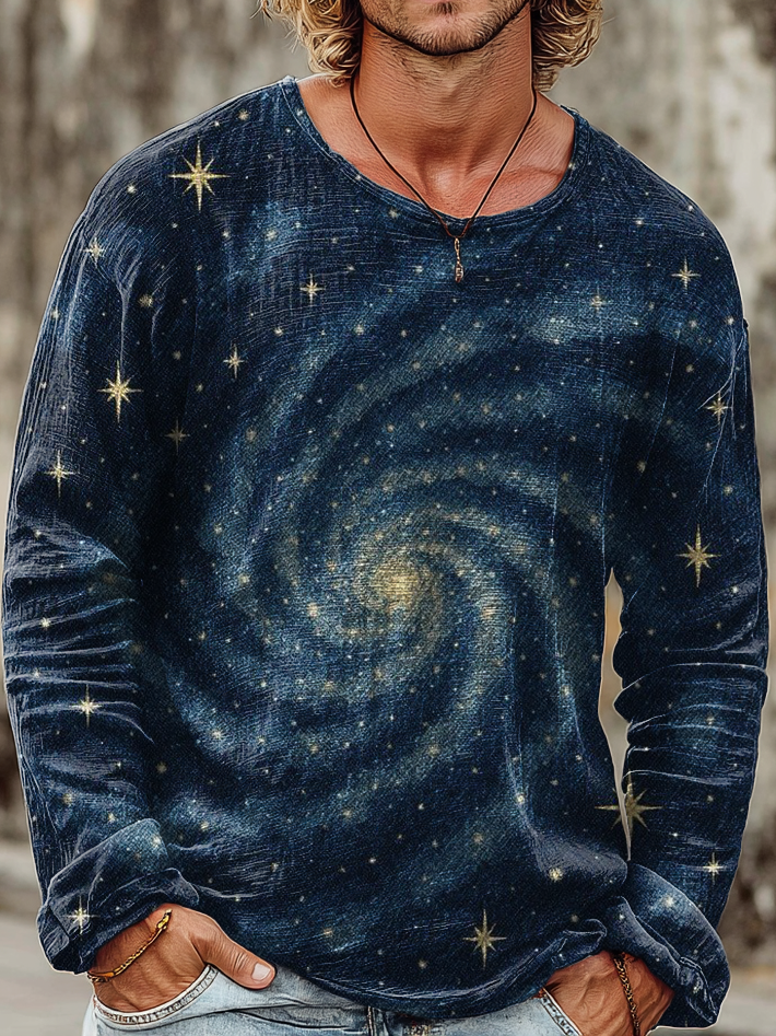 Men's Vintage Blue Star Swirl Art Printed Casual Round Neck Pullover Cotton Shirt