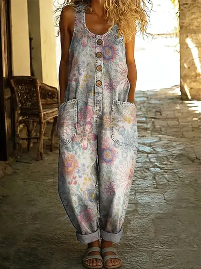 Women's Vintage Floral Art Print Sleeveless Washed Cotton Denim Jumpsuit