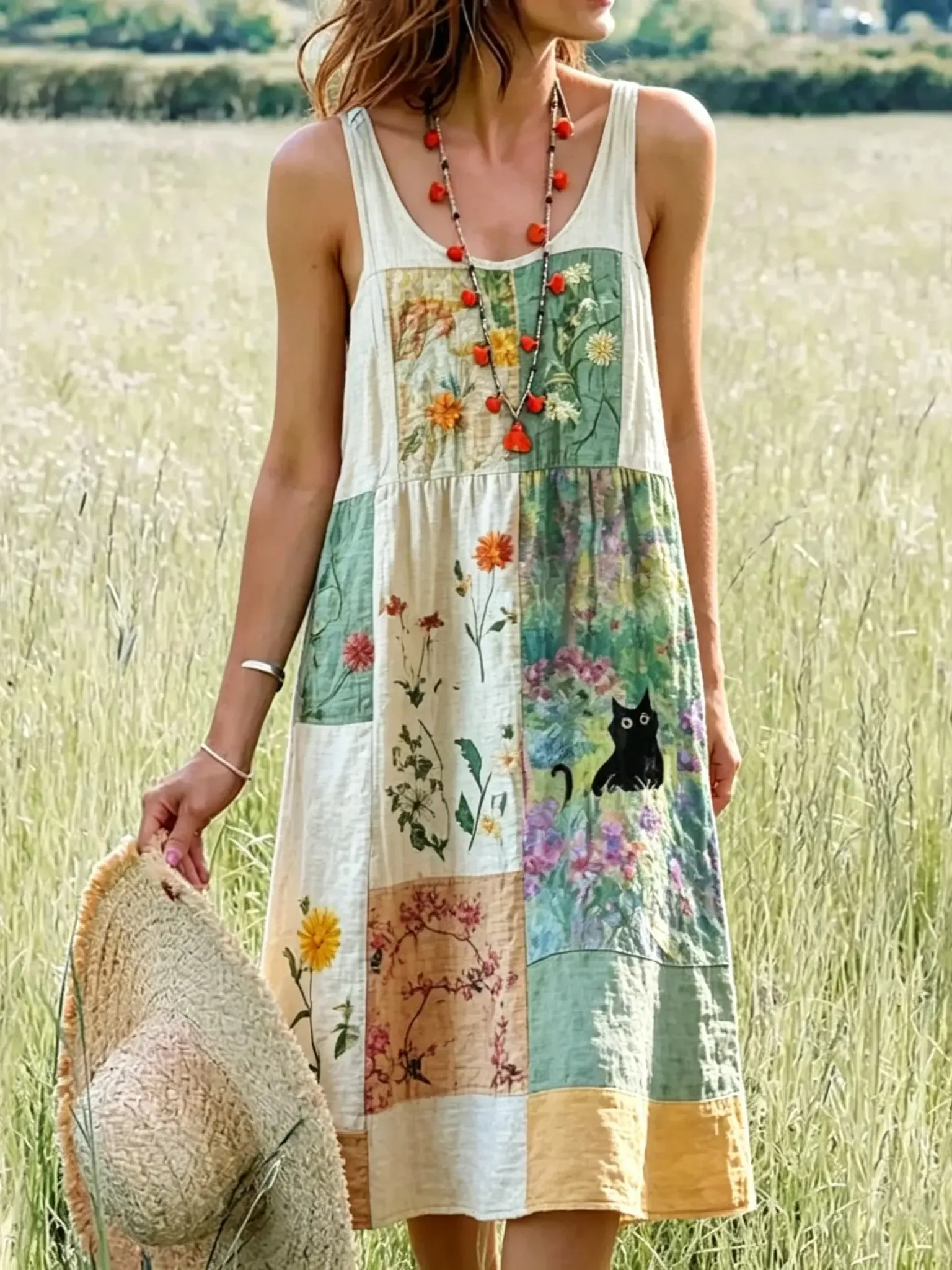 Women's Floral And Cat-print Artistic Print Round-neck Sleeveless Casual Dress