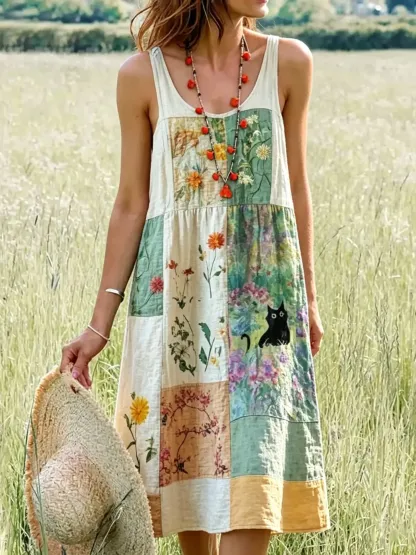 Women's Floral And Cat-print Artistic Print Round-neck Sleeveless Casual Dress
