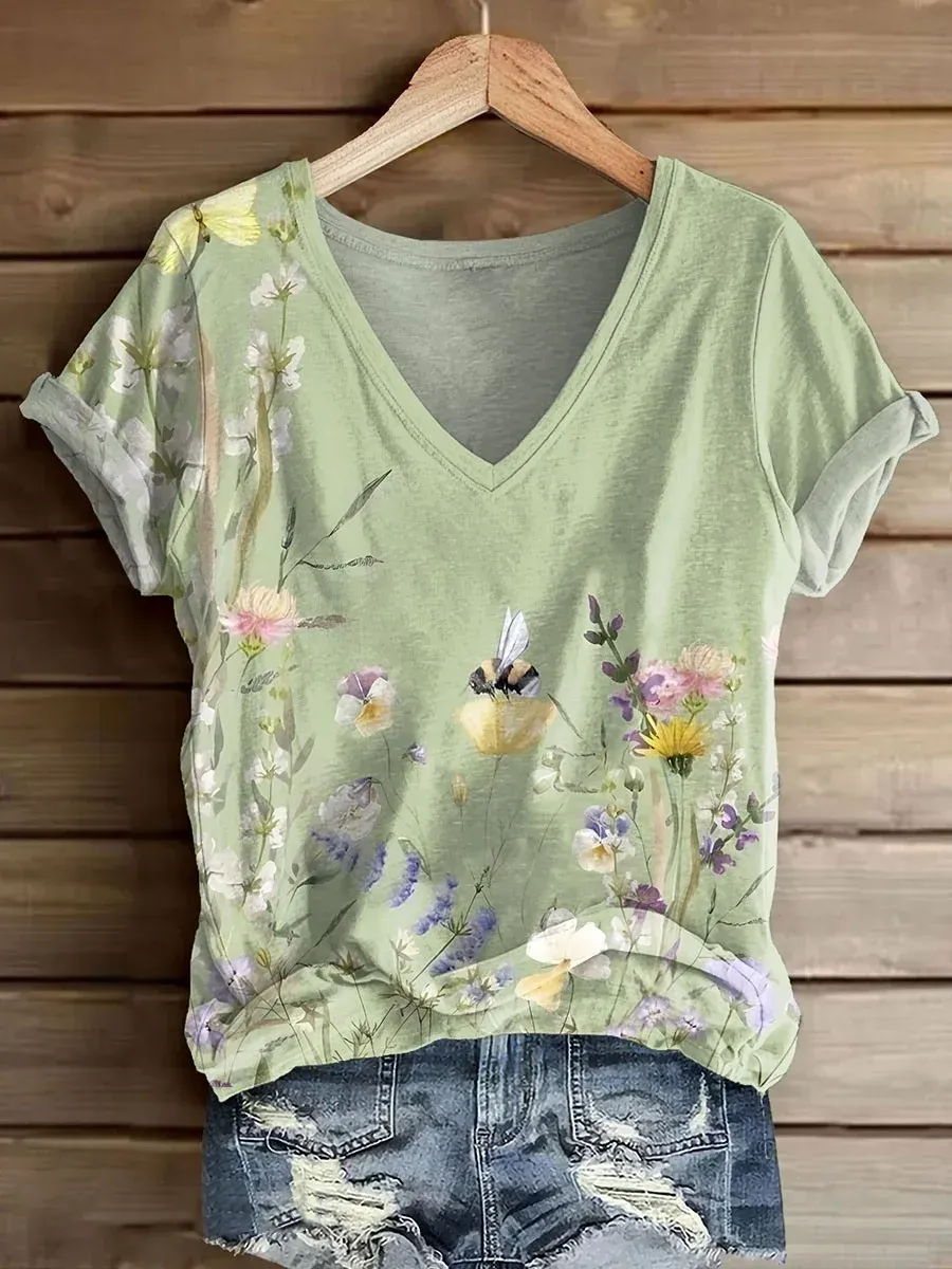 Women's Plant Print V-Neck T-Shirt