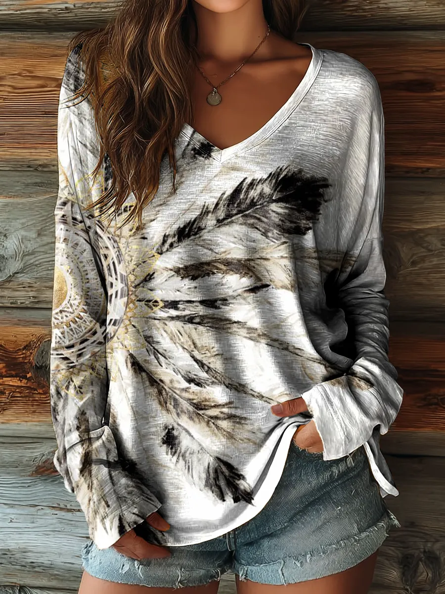 Ladies Vintage White Dreamcatcher Art Print Casual V-neck Long Sleeve 