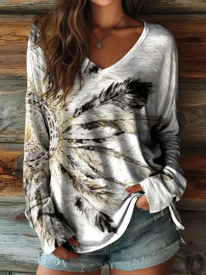 Ladies Vintage White Dreamcatcher Art Print Casual V-neck Long Sleeve T-shirt