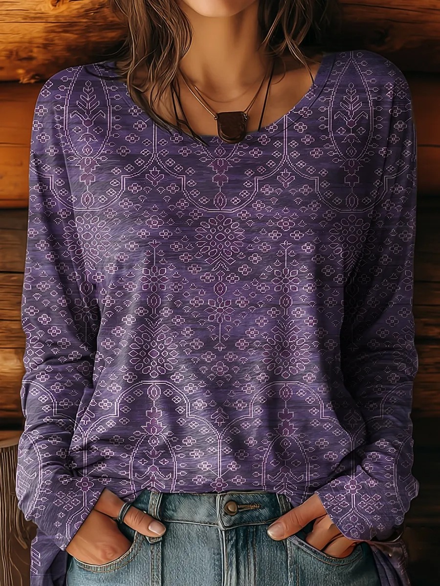 Women's Artistic Painting Purple Floral Vintage Print Round Neck Long Sleeve T-Shirt