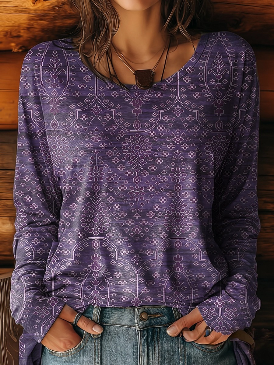 Women's Art Painting Purple Floral Vintage Print V-Neck Short Sleeve Dress