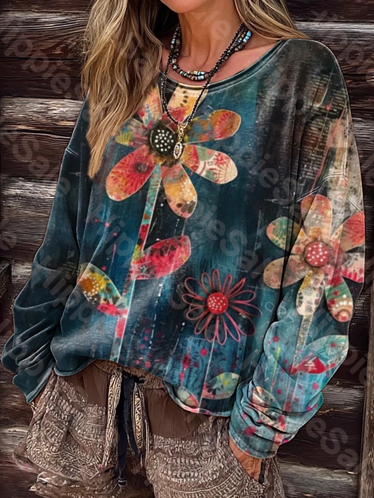 Women's Vintage Floral Collage Art Print Casual Long Sleeve T-shirt