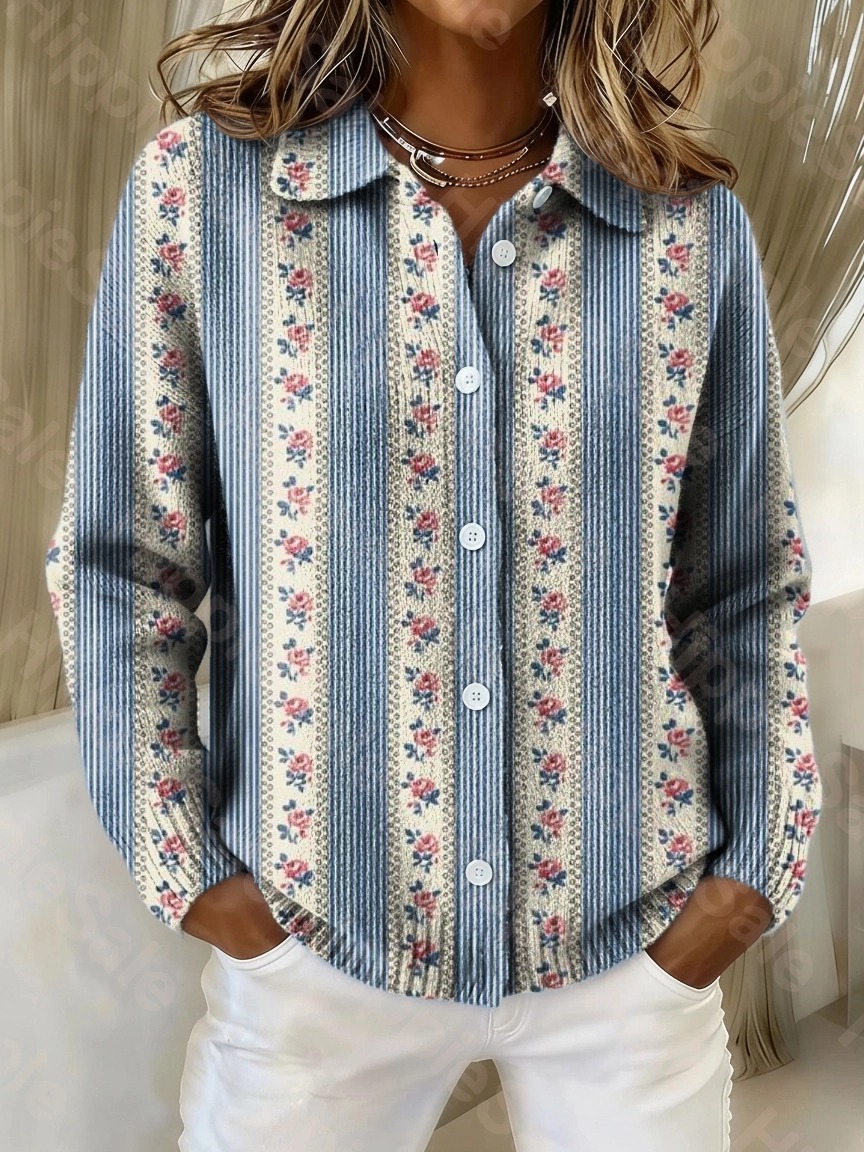 Women's Retro Vertical Striped Floral Art Print Cowl Neck Sweater