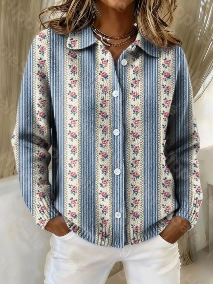 Women's Retro Vertical Striped Floral Art Print Cowl Neck Sweater