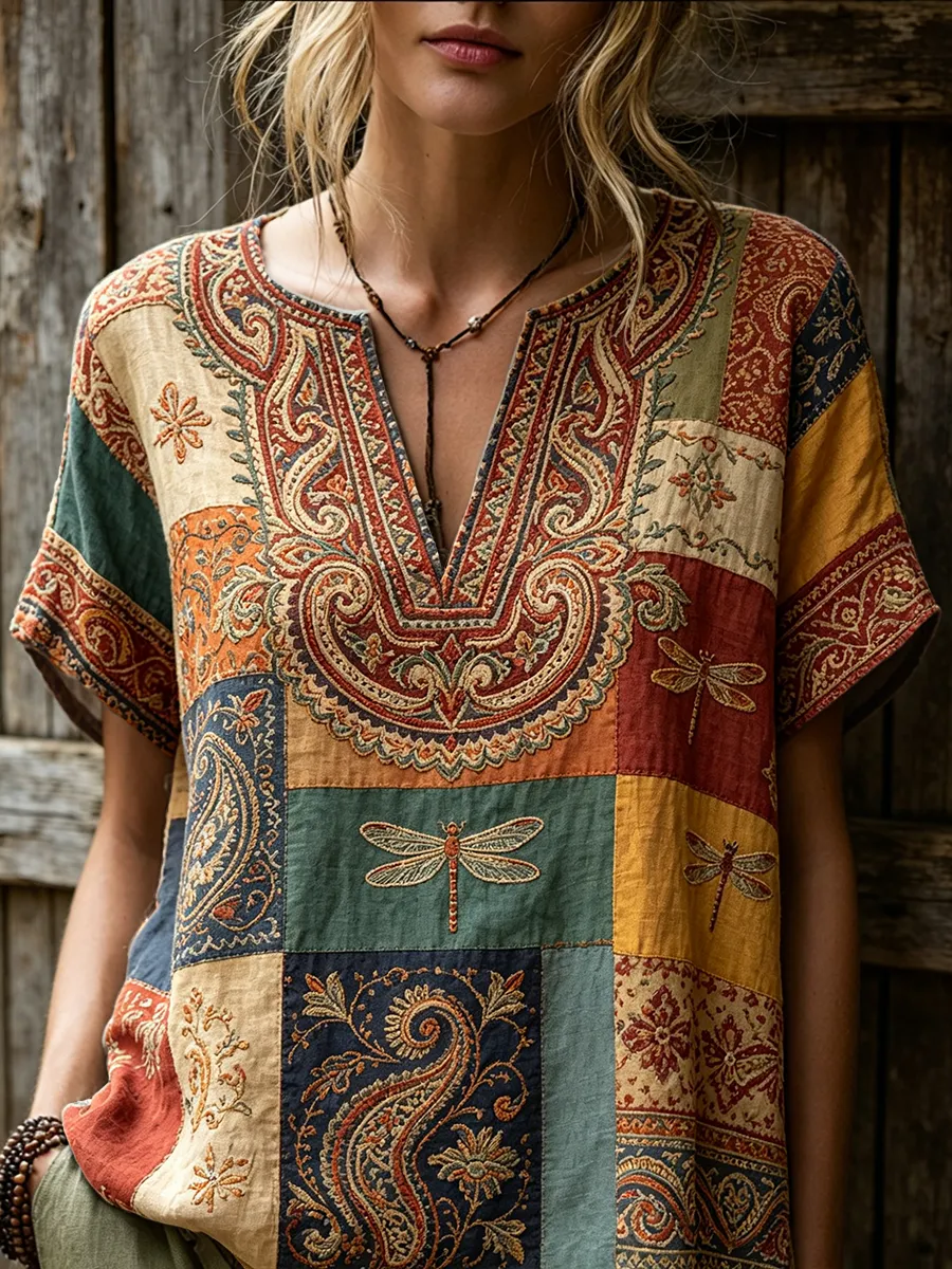Women's Retro Bohemian Ethnic And Dragonfly Art Print Casual Short-sleeve V-neck Cotton Linen Shirt
