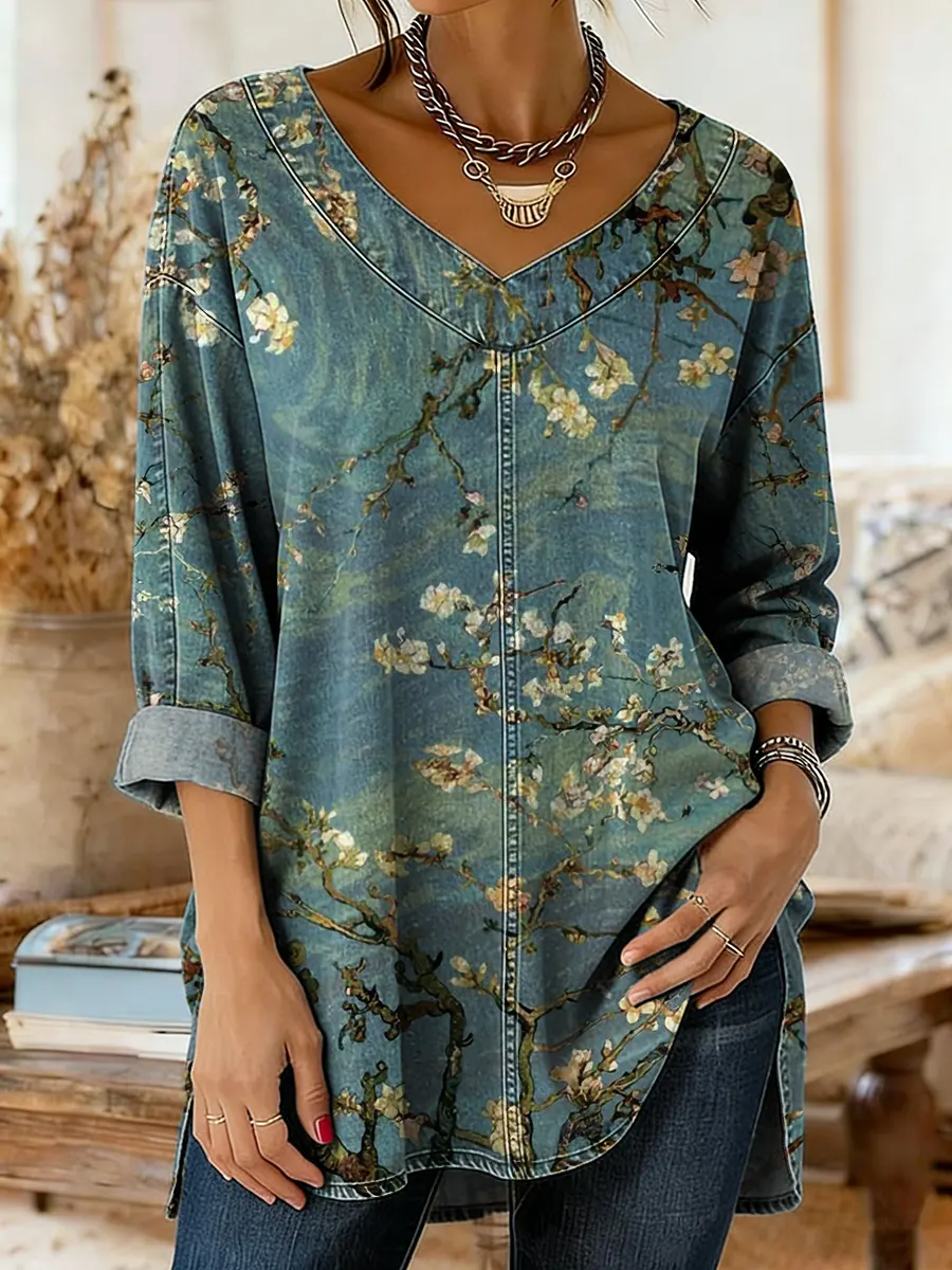 Retro Ethnic Floral Pattern Art Print Casual Washed Denim Cotton Top