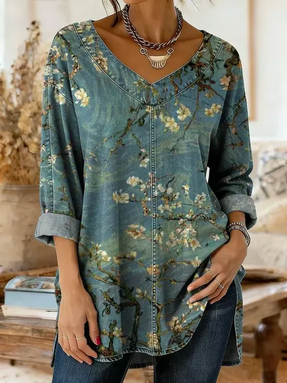 Retro Ethnic Floral Pattern Art Print Casual Washed Denim Cotton Top