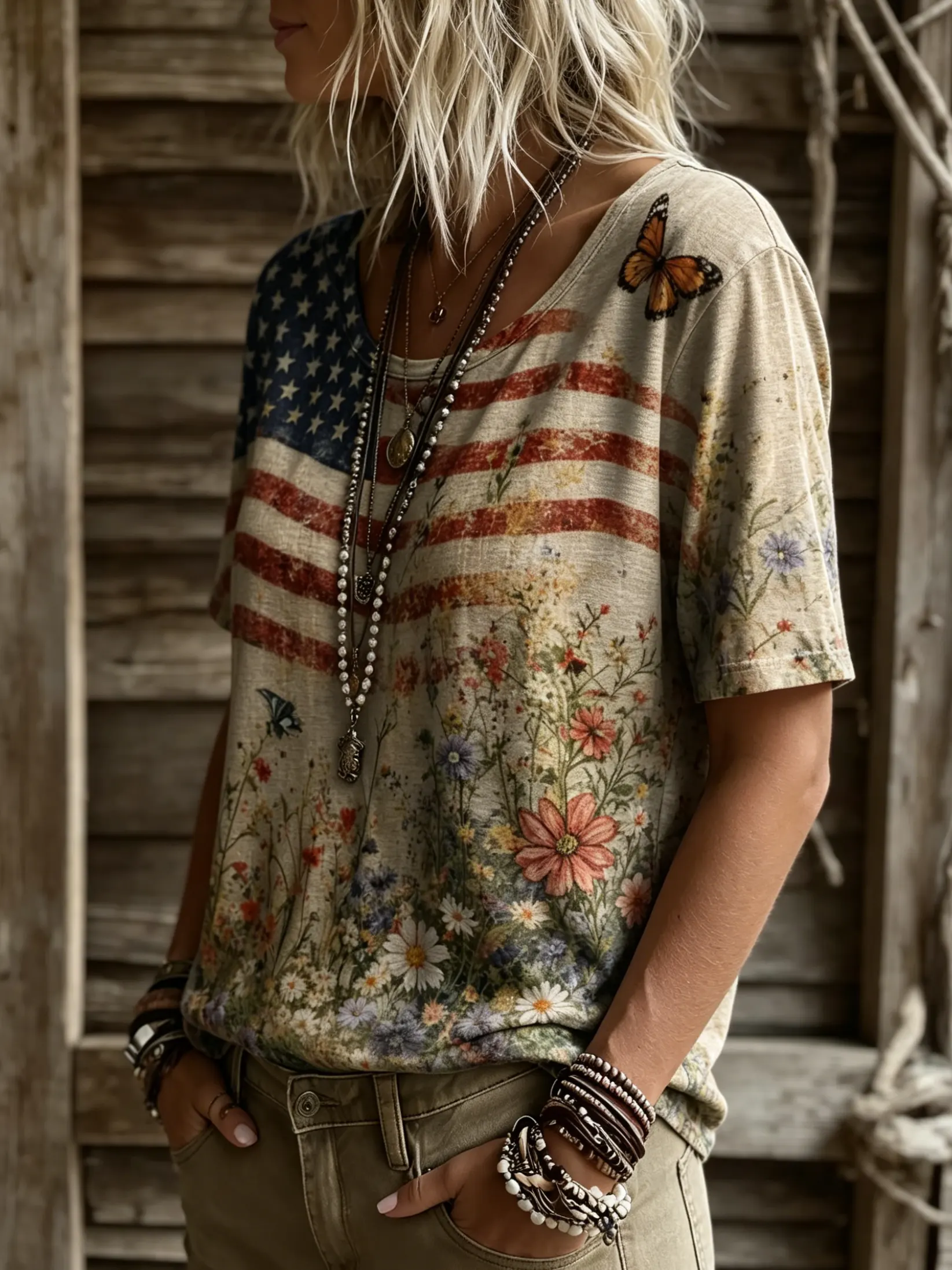 Women's American Flag Butterfly Floral Distressed Print Crew Neck Short Sleeve T-Shirt