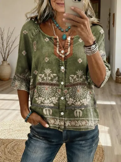 Women's Retro Floral Texture Art Print Casual Hollow-Out Top