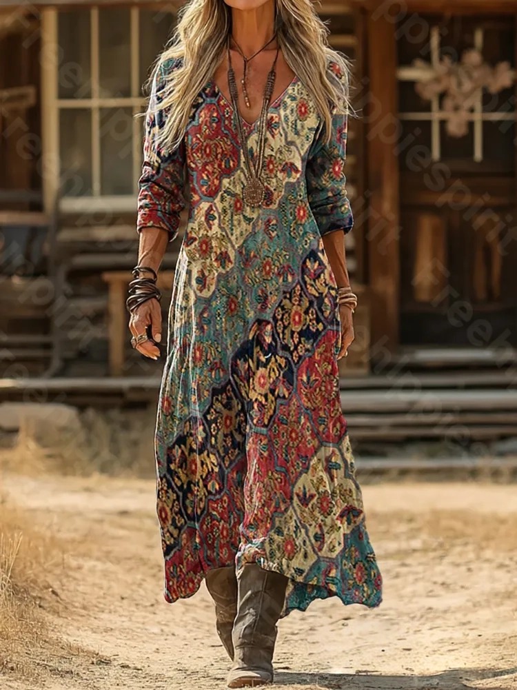 Women's Retro Colorful Floral Art Print Pocket Cotton Dress