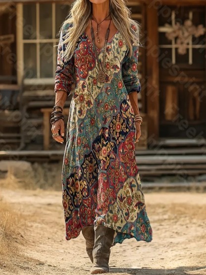 Women's Retro Colorful Floral Art Print Pocket Cotton Dress