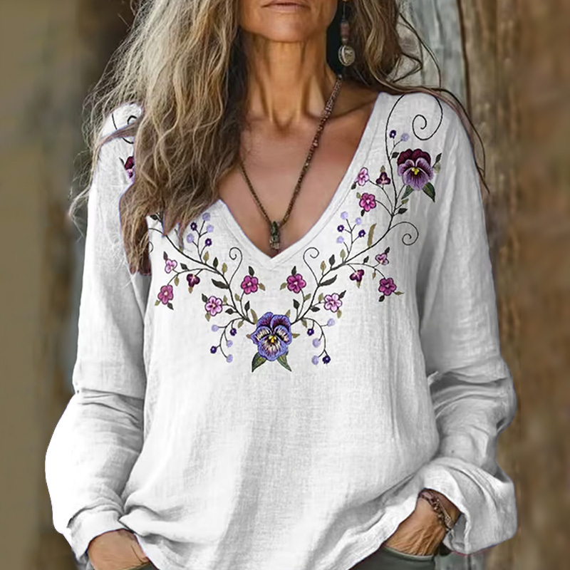 Women's Alzheimer's Floral Printed Cotton And Linen Long Sleeve Top