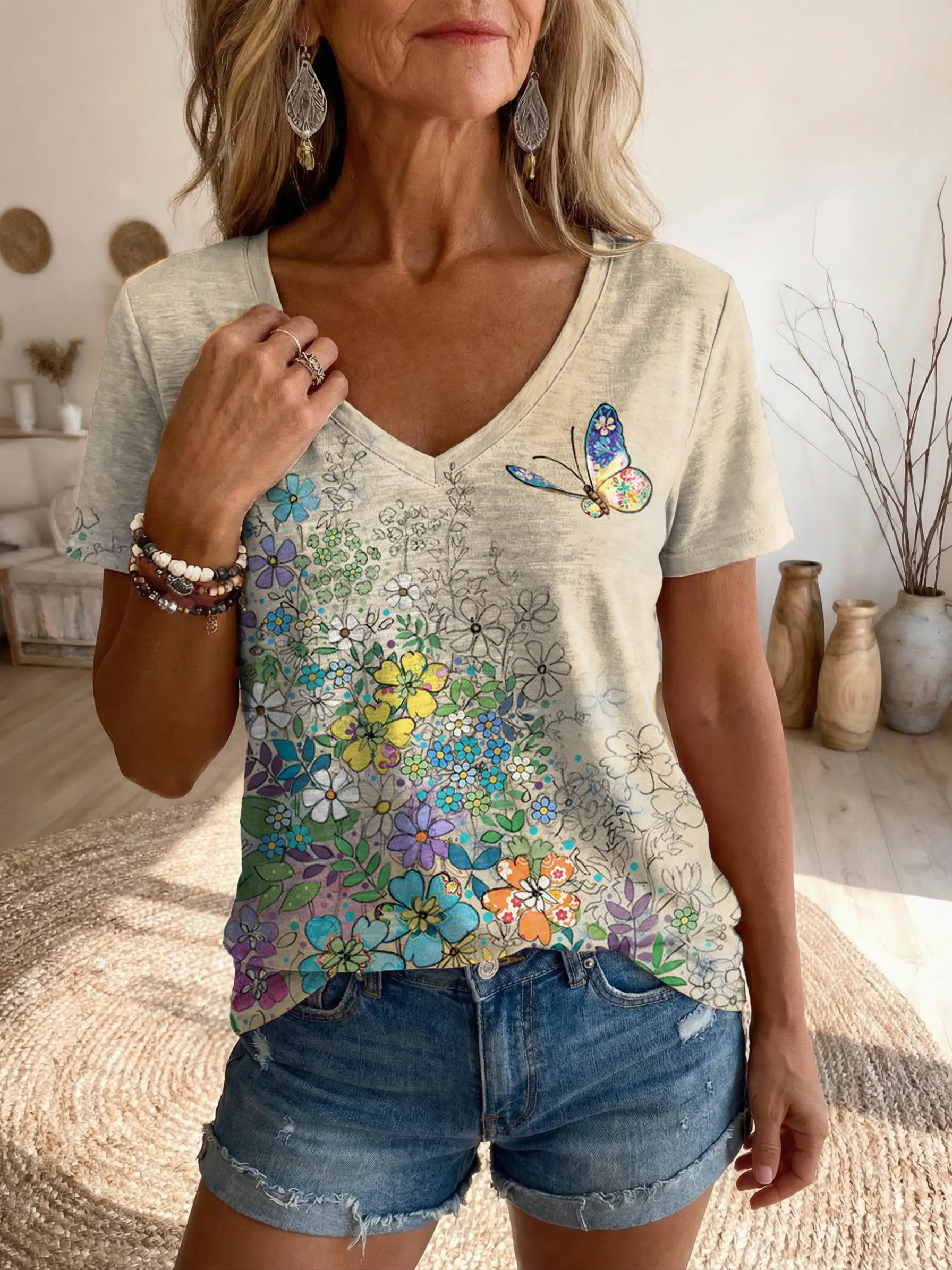 Women's Colorful Floral Butterfly Art Print V-Neck Casual T-Shirt