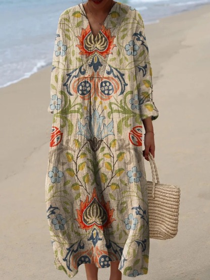 Women's Vintage Floral Art Print Casual Cotton Linen Shirt