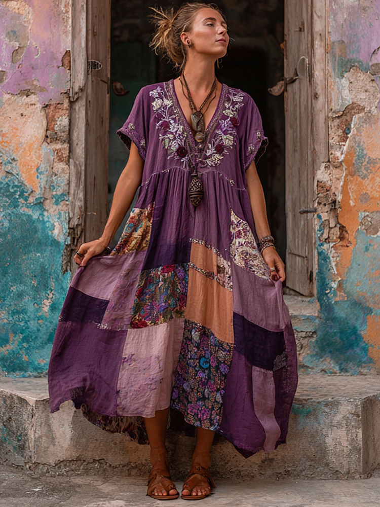 Women's Patchwork Floral Print V-neck Short-sleeved Bohemian Midi Dress