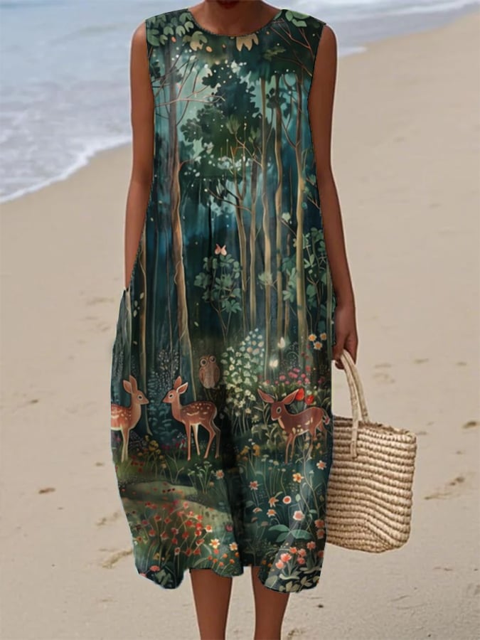 Women's Casual Retro Forest Animal Print Cotton and Linen Vest Dress