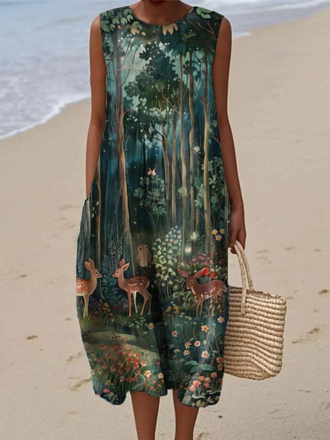 Women's Casual Retro Forest Animal Print Cotton and Linen Vest Dress