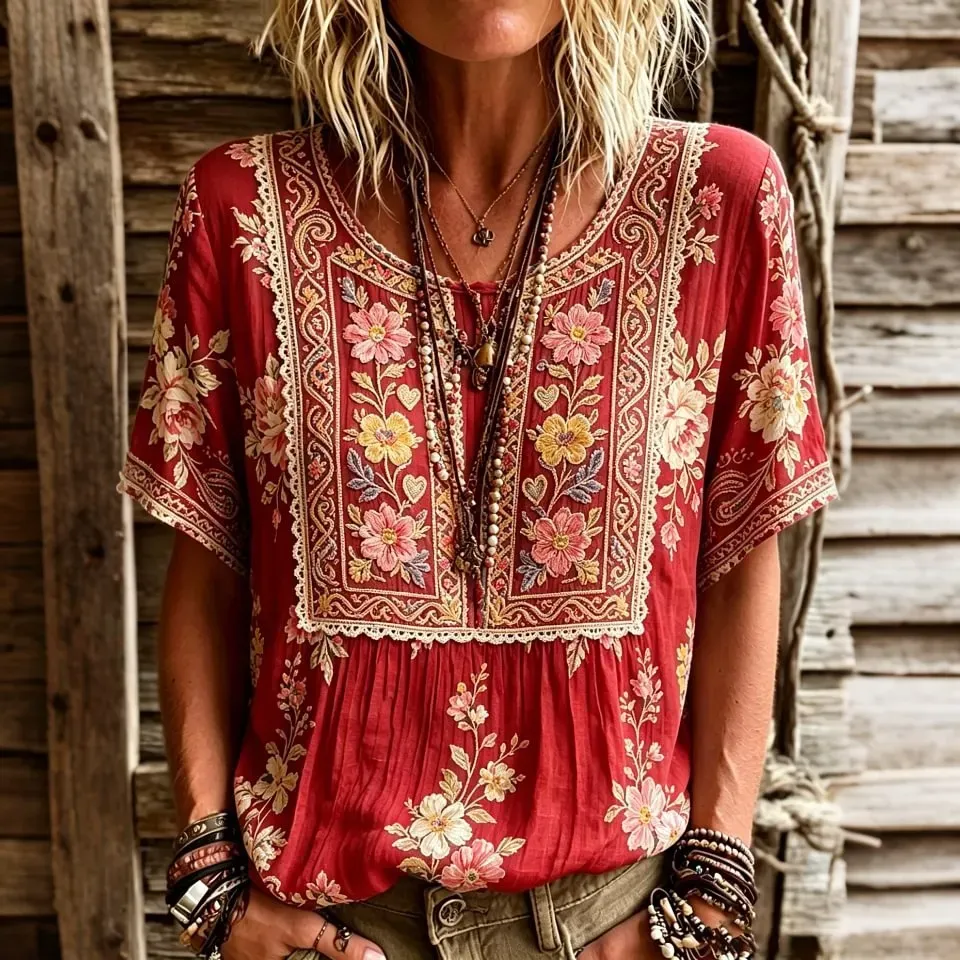 Women's Retro Floral Embroidered Art Round Neck Short Sleeve Linen Blend T-shirt