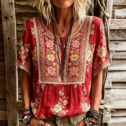 Women's Retro Floral Embroidered Art Round Neck Short Sleeve Linen Blend T-shirt