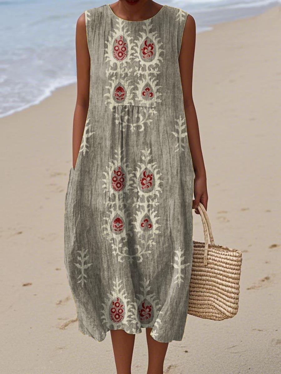 Women's Vintage Ethnic Pattern Art Print Sleeveless Cotton Pocket Wrap Dress