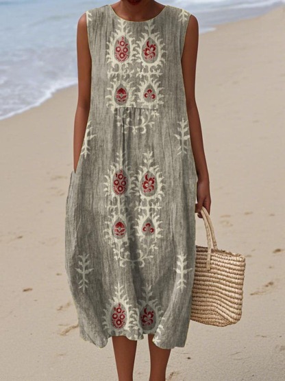 Women's Vintage Ethnic Pattern Art Print Sleeveless Cotton Pocket Wrap Dress