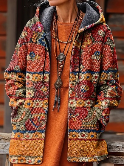 Unisex Bohemian Ethnic Floral Patchwork Print Plush Thick Long-Sleeved Sweater Cardigan Coat