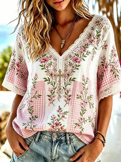 Women's Cotton-Linen Printed T-Shirt — Botanical Floral Artistic & Spiritual Theme