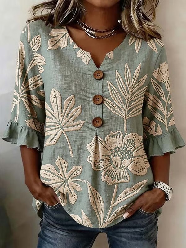 Women'S Casual Printed Top With Ruffle Sleeves