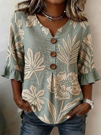 Women'S Casual Printed Top With Ruffle Sleeves