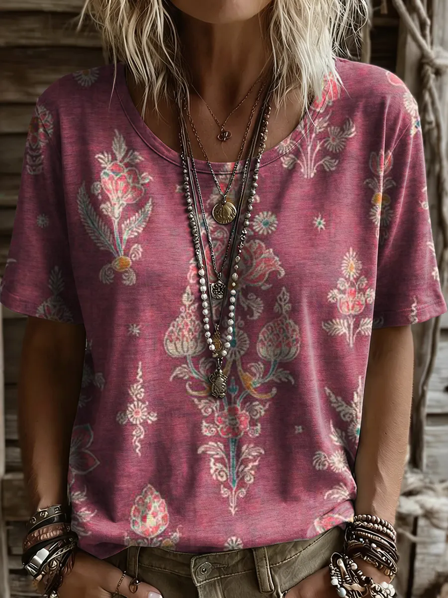 Women's Retro Ethnic Floral Art Print Casual Short-sleeve Crew Neck T-shirt