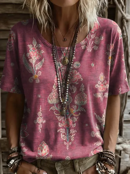 Women's Retro Ethnic Floral Art Print Casual Short-sleeve Crew Neck T-shirt