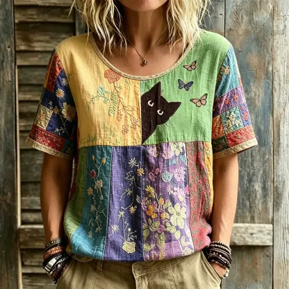 Women's Hippie Black Cat Art Embroidered Linen Blend Round Neck Tshirt