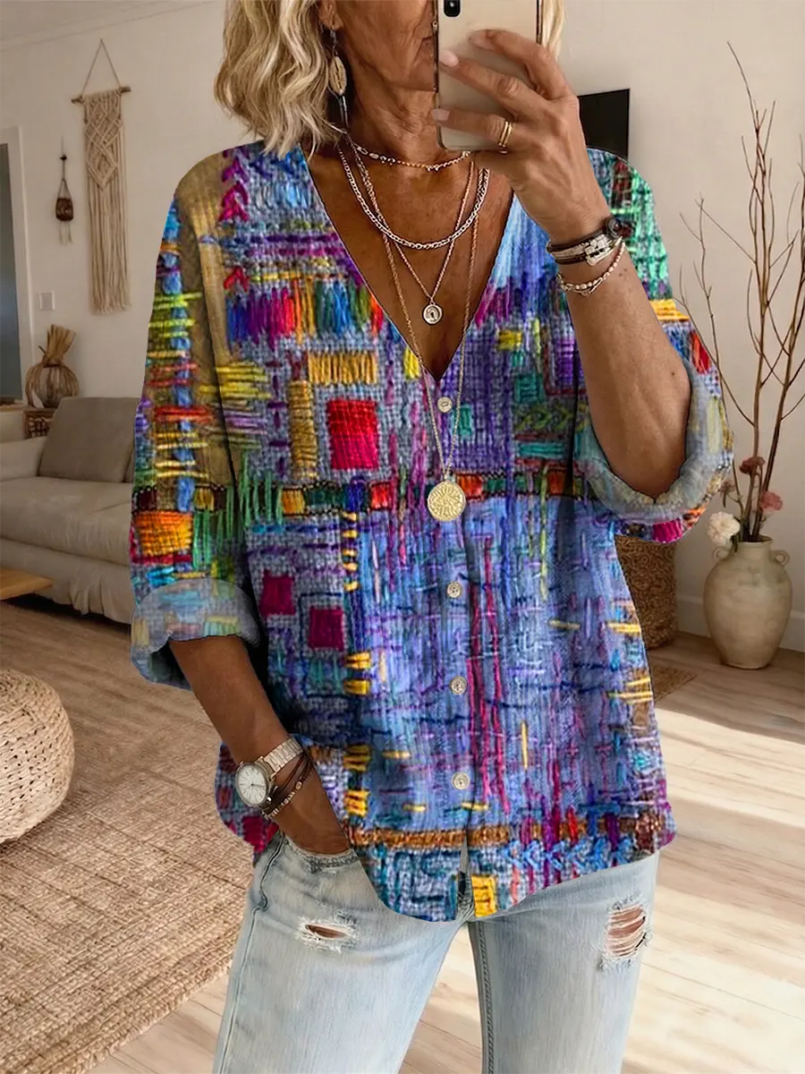 Ethnicity Geometry Texture Women's Art Print Casual Long-sleeve V-neck Shirt