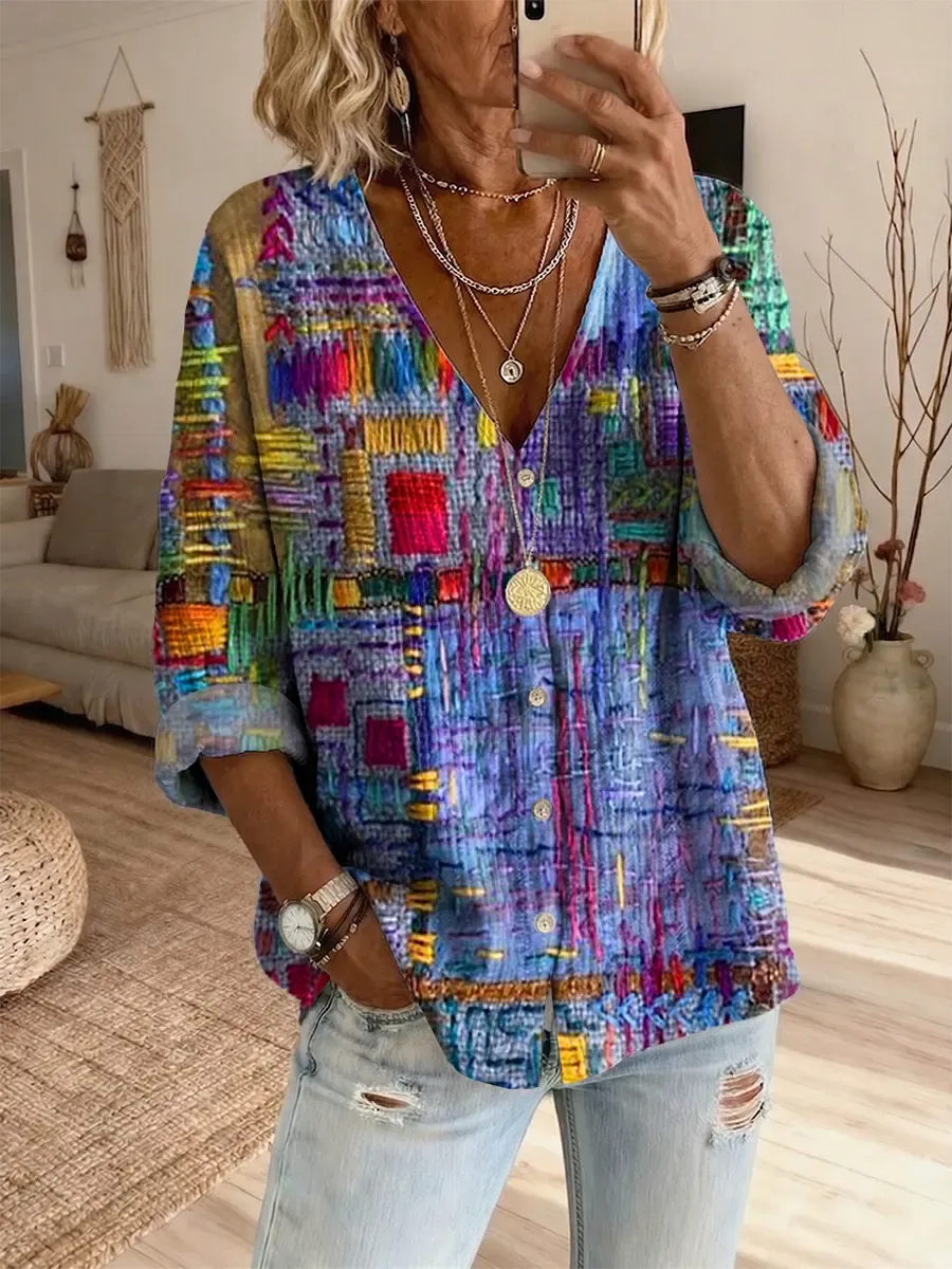 Ethnicity Geometry Texture Women's Art Print Casual Long-sleeve V-neck Shirt