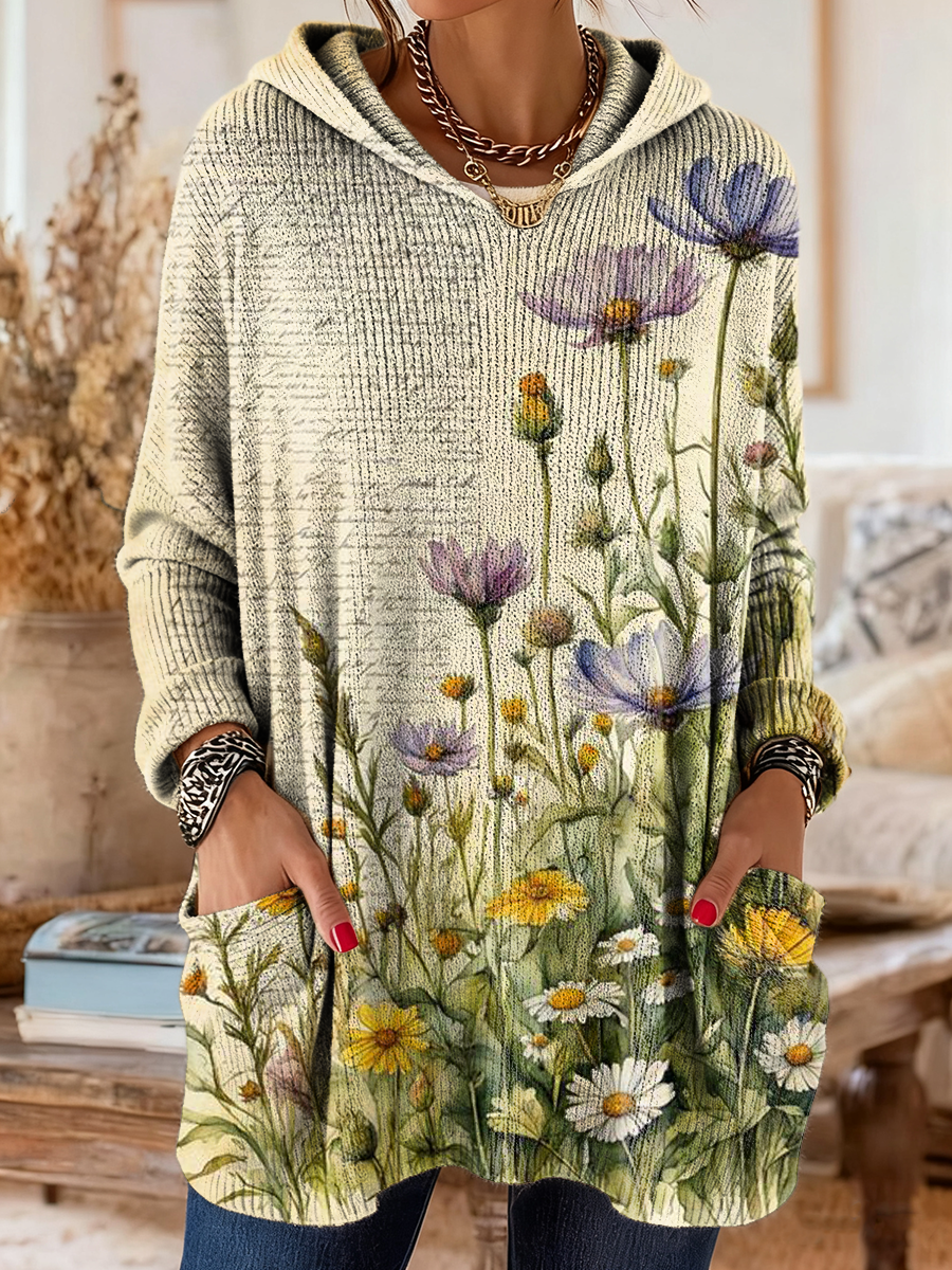 Women's Retro Floral Art Print Casual Long-Sleeved Hooded Cotton Knit Sweater