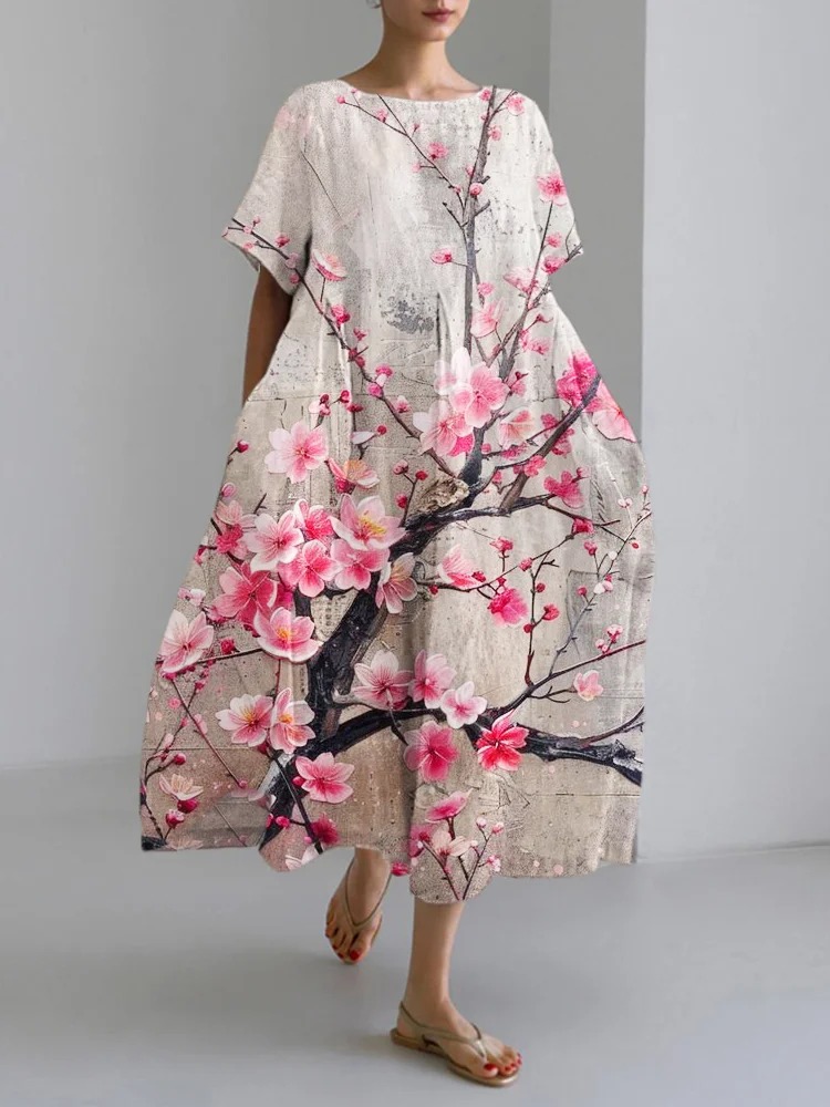 Cherry Blossom Festival Art Flower Women's Linen Maxi Dress