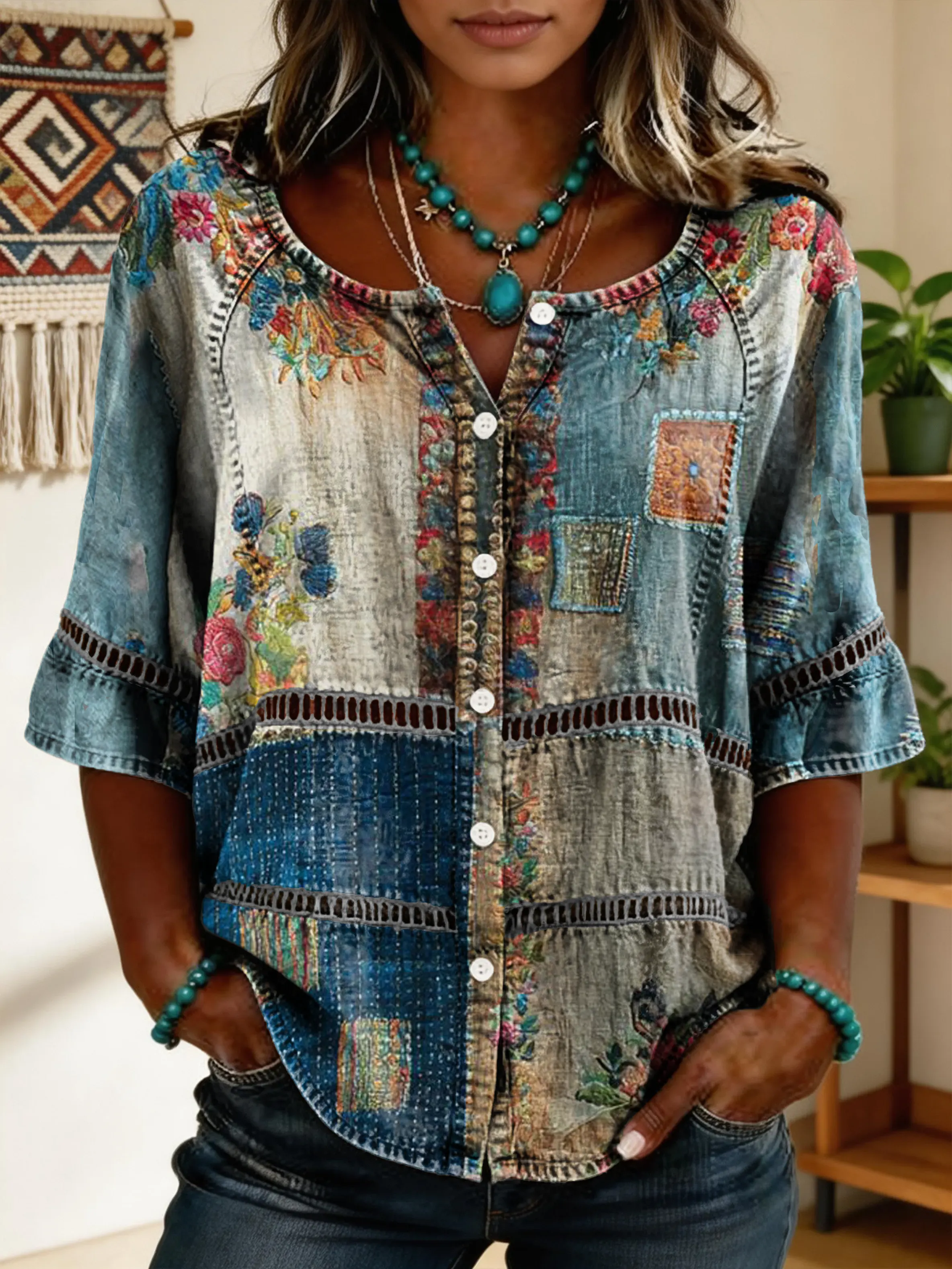 Women's Vintage Floral Art Print Lace-up Button-up Short-sleeve Shirt