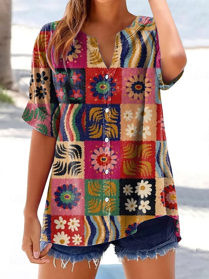 Women's Casual Retro Pattern Cotton And Linen Shirt