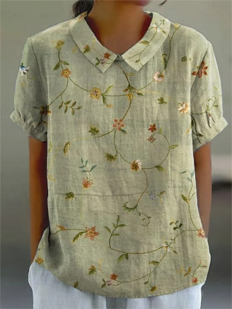 Women's Retro Floral Art Print Casual Cotton And Linen Shirt