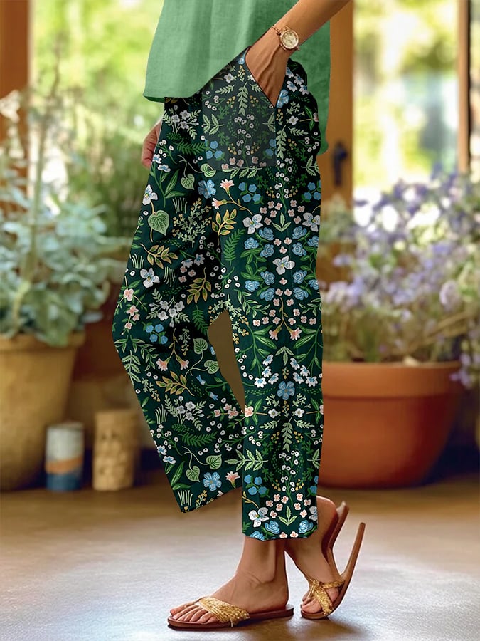 Women's Forest Floral Print Casual Pants (With Pockets)