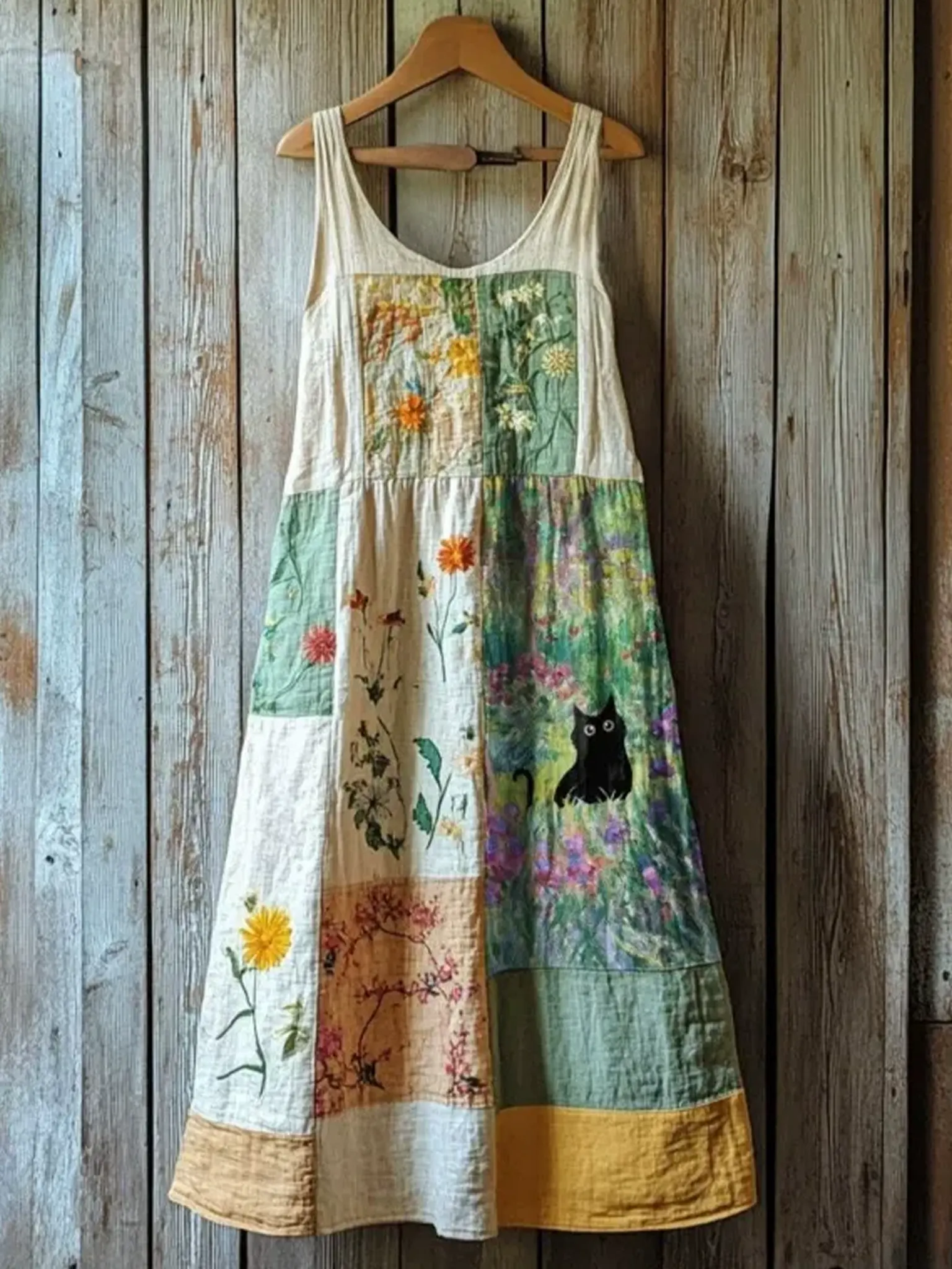 Women's Floral And Cat-print Artistic Print Round-neck Sleeveless Casual Dress
